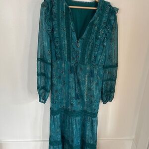 Cleobella Lace Detail Metallic Teal Midi Dress